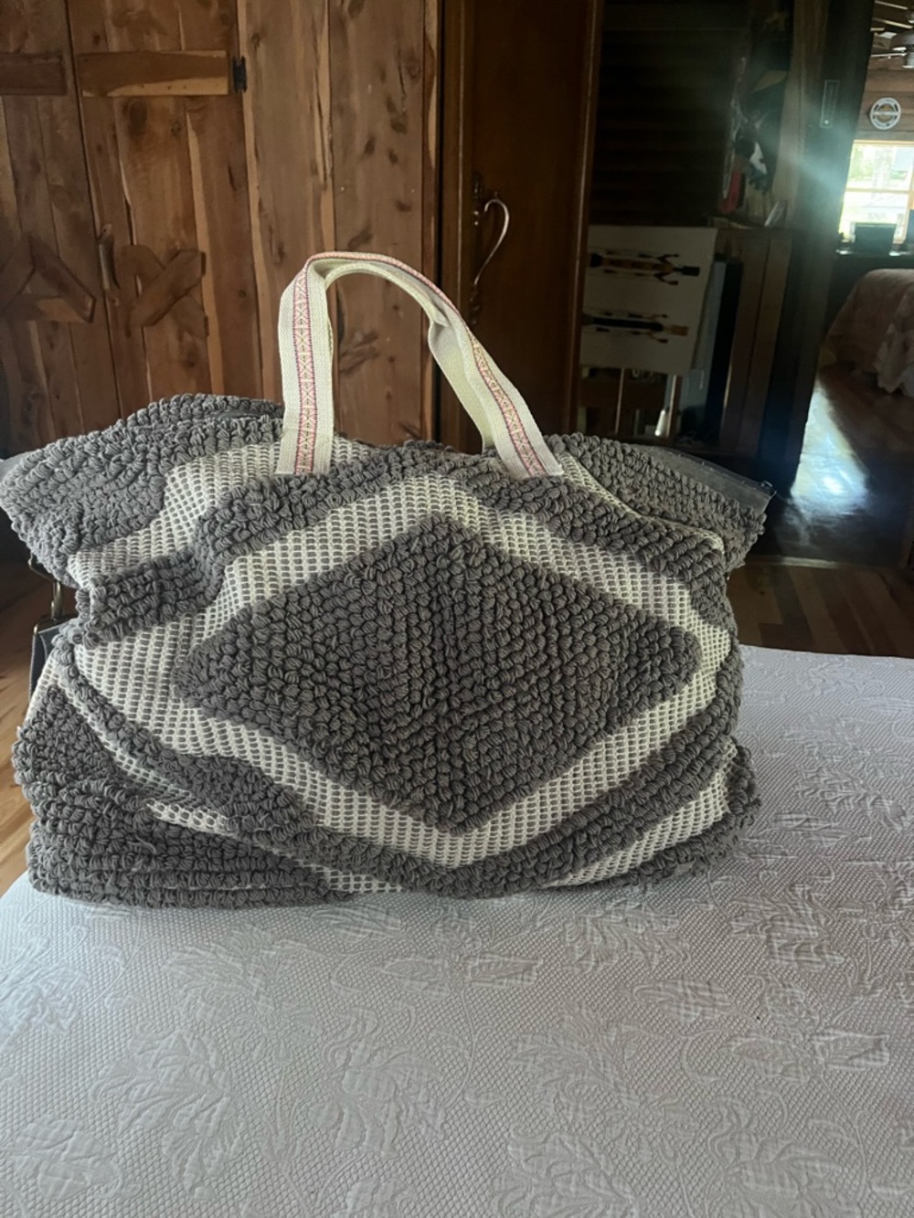 lovestitch Gray and Cream Chunky Diamond “Carpet bag” tote